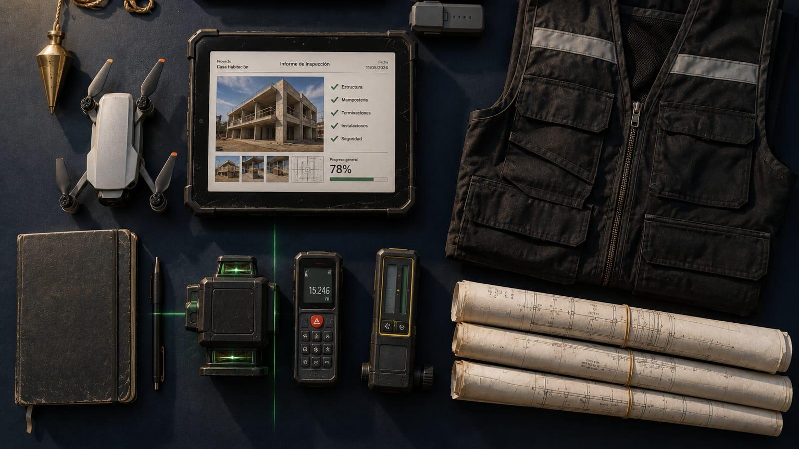 Herramientas de inspección técnica: plomada, nivel láser, dron y tablet con informe de avance